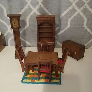 Vintage wood doll house furniture bookcase table grandfather's clock +